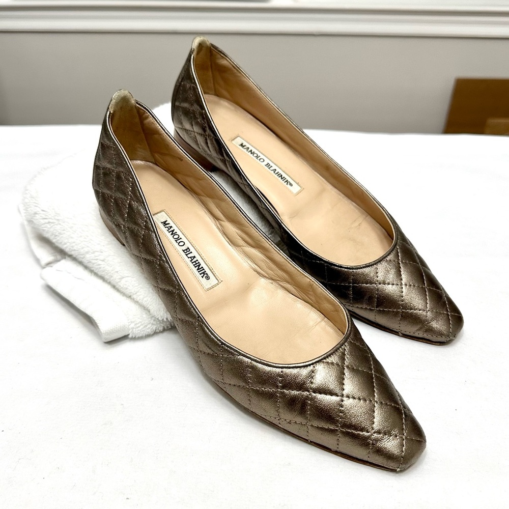 Manolo Blahnik Bronze Leather Metallic Ballet Flats 38.5